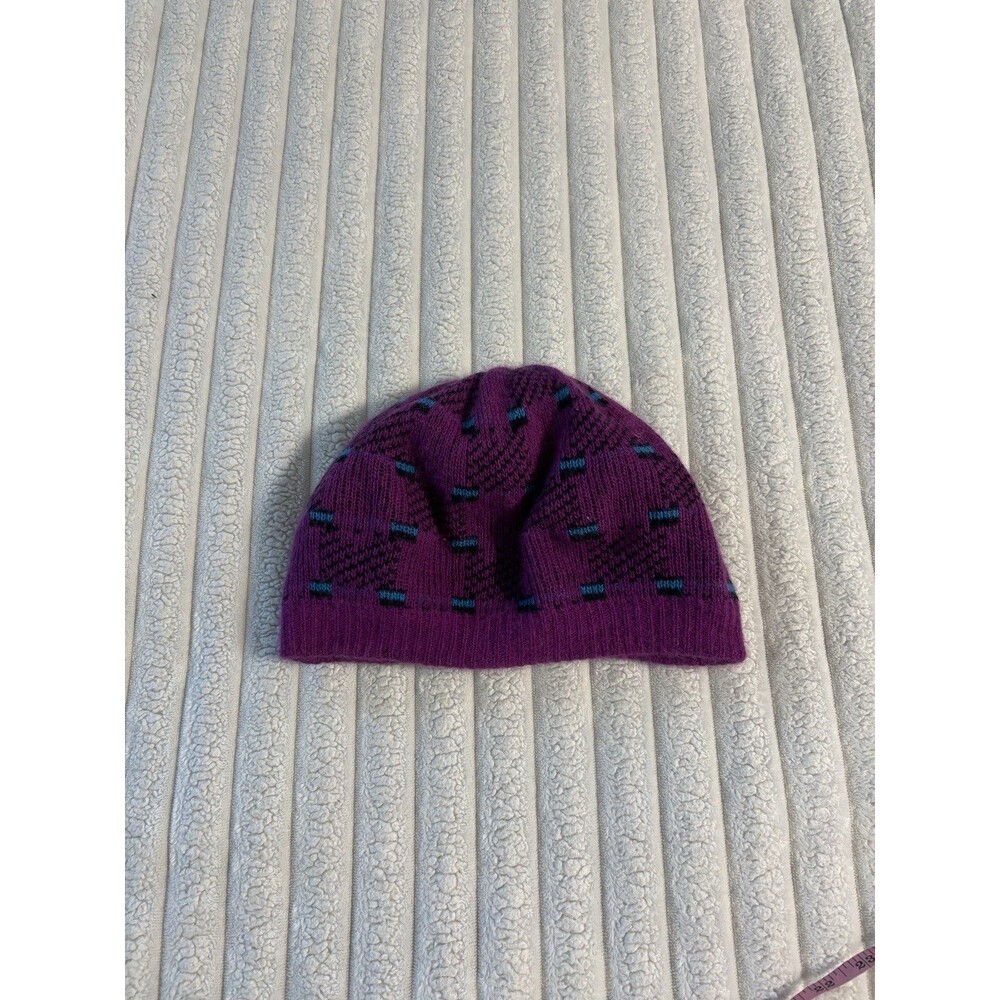 Aris Knit Ski Hat Beanie Womens Purple Geometric Lambswool Angora Blend